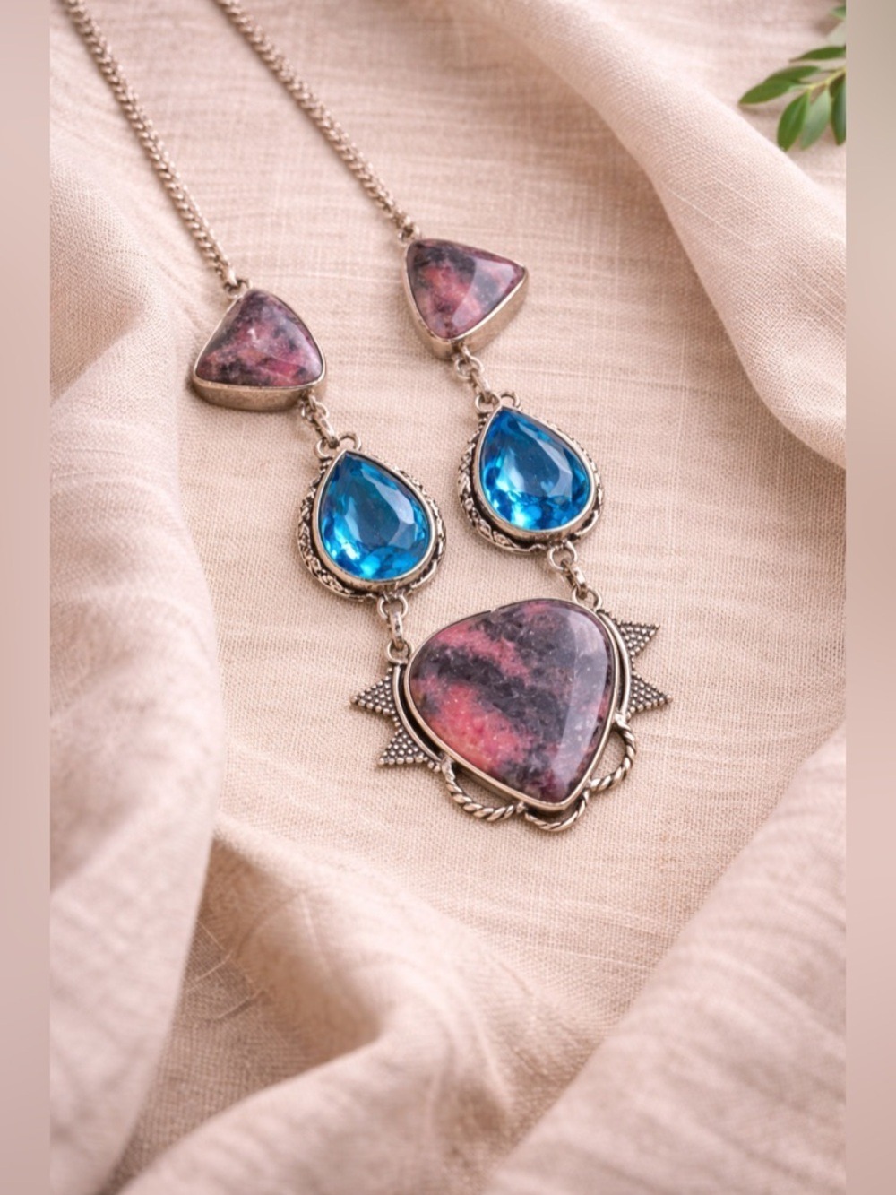 🩷Vintage Bohemian 925 Sterling Statement Necklace Blue Faceted Glass & Rhodonite